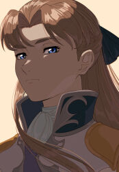 Rule 34 | 1girl, ascot, brown hair, collar, enelous, gundam, gundam wing, hair ribbon, highres, long hair, looking at viewer, portrait, relena peacecraft, ribbon, solo, white ascot