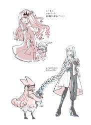 3girls alternate_hairstyle baobhan_sith_(fate) baobhan_sith_(first_ascension)_(fate) black_dress blue_eyes braid breasts chibi detached_sleeves dress euhage73 fate/grand_order fate_(series) habetrot_(fate) hair_ornament hand_up high_heels highres long_hair morgan_le_fay_(fate) multiple_girls open_mouth pink_hair pointy_ears ponytail red_dress single_braid smile white_background white_hair wide_sleeves