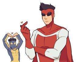 2boys arms_up black_hair blue_veil cape closed_mouth gloves hand_up heart_(symbol) highres invincible_(series) long_sleeves multiple_boys omni-mark red_cape red_gloves red_mask serious shiesty_mark simple_background superhero_costume veil white_background