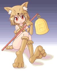 Rule 34 | 1girl, 2000s (style), animal feet, animal hands, barefoot, bell, blonde hair, blush, bottomless, bra, breasts, commentary request, convenient leg, criss-cross halter, feet, fox girl, fox hat, full body, grey background, halterneck, holding, holding staff, looking at viewer, minami juujisei, moonlight flower, open mouth, ragnarok online, red eyes, short hair, sitting, small breasts, solo, staff, underwear, yellow bra