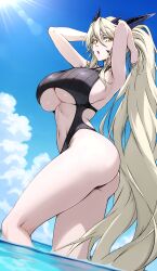 1girl absurdres artoria_pendragon_(fate) artoria_pendragon_(lancer_alter)_(fate) beach blonde_hair bodysuit breasts cleavage commentary commission english_commentary fate/grand_order fate_(series) hair_between_eyes highres horns long_hair looking_at_viewer outdoors ribbed_bodysuit solo swimsuit thighs underboob water yellow_eyes zantyarz