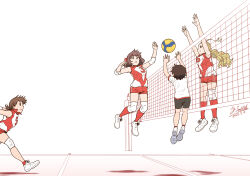 Rule 34 | 4girls, arms up, artist name, ball, bike shorts, black shorts, blonde hair, brown eyes, brown hair, closed mouth, commentary, dated, elbow pads, frown, girls und panzer, gym shirt, gym uniform, hair pulled back, hairband, headband, highres, isobe noriko, jumping, kawanishi shinobu, knee pads, kondou taeko, long hair, medium hair, multiple girls, open mouth, ponytail, red headband, red shirt, red shorts, red socks, running, sasaki akebi, satou yasu, shirt, shoes, short hair, short ponytail, short shorts, short sleeves, shorts, signature, single vertical stripe, sleeveless, sleeveless shirt, sneakers, socks, sportswear, t-shirt, volleyball, volleyball (object), volleyball net, volleyball uniform, white hairband, white shirt, white shoes
