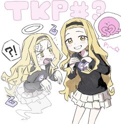 Rule 34 | !?, 2girls, black hairband, black shirt, blonde hair, commentary request, cowboy shot, flying sweatdrops, ghost, ghost tail, grin, hairband, halo, highres, hitodama, kirarazaka marina, long hair, long sleeves, looking at another, looking at viewer, multiple girls, open mouth, pleated skirt, shirt, simple background, skirt, smile, star (symbol), takopii, takopii no genzai, what a, white background, white skirt