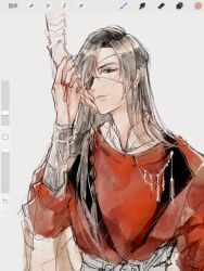 2boys art_tools_in_frame bandaged_arm bandages black_hair bosi_tenghu braid chinese_clothes eyepatch faux_traditional_media hanfu highres holding_hands hua_cheng jewelry long_hair long_sleeves male_focus multiple_boys necklace one_eye_covered out_of_frame parted_lips red_eyes red_hanfu side_braid single_braid sketch solo_focus string string_of_fate tianguan_cifu upper_body watercolor_effect xie_lian yaoi yuanlingpao