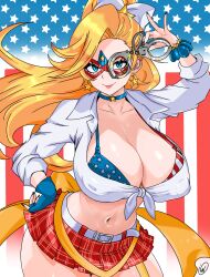 Rule 34 | 1girl, american flag background, american flag bra, belt, blonde hair, blue choker, blue eyes, blue gloves, breasts, choker, collarbone, collared shirt, commentary, commission, cowboy shot, cropped shirt, cuffs, earrings, english commentary, eye mask, fingerless gloves, gloves, hand on own hip, handcuffs, highres, holding, holding handcuffs, huge breasts, jewelry, kamen america, kamen america (comic), large breasts, long hair, long sleeves, looking at viewer, microskirt, midriff, navel, plaid clothes, plaid skirt, pleated skirt, red skirt, shirt, signature, skirt, smile, solo, star (symbol), star choker, star earrings, superhero costume, tied shirt, waifuviolenta, white belt, white shirt