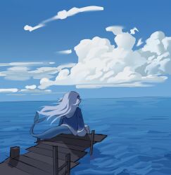 1girl absurdres back blue_hoodie blue_sky cloud facing_away fins fish_tail fiuger gawr_gura hair_ornament highres hololive hololive_english hood hoodie long_hair ocean shark_hair_ornament shark_tail sitting sky solo tail white_hair