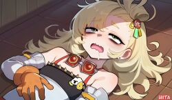 1girl artist_name black_shirt blonde_hair commentary crop_top detached_sleeves earrings english_commentary flat_chest gloves goggles goggles_around_neck green_eyes hair_bun hair_ornament hair_spread_out hairclip half-closed_eyes hand_on_own_stomach hiita_(hitta_99) indoors jewelry long_hair lying messy_hair nausea on_floor open_mouth orange_gloves piper_wheel saliva shirt single_hair_bun solo spiked_shirt wavy_mouth white_sleeves zenless_zone_zero