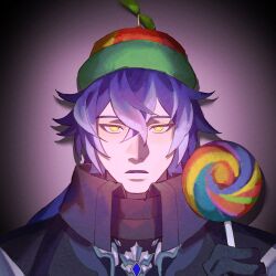 Rule 34 | 1boy, absurdres, arm up, black gloves, black jacket, blue gemstone, blue hair, candy, closed mouth, commentary, crossed bangs, double-parted bangs, empty eyes, english commentary, flins (genshin impact), food, frown, gem, genshin impact, gloves, hair between eyes, hat, high collar, highres, holding, holding candy, holding food, holding lollipop, jacket, lollipop, looking at viewer, m0onie9, male focus, portrait, propeller hat, solo, straight-on, swirl lollipop, wing collar, yellow eyes
