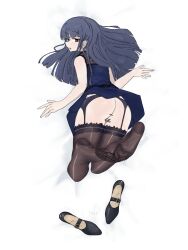 1girl ass black_hair feet garter_belt garter_straps highres idolmaster idolmaster_cinderella_girls light_blush long_hair looking_at_viewer looking_back lying no_panties on_stomach parted_lips pussy red_eyes sajo_yukimi see-through_clothes see-through_legwear shoes soles thighhighs toes unworn_shoes vchii_usagi