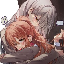030_bv 2girls absurdres bang_dream! brown_hair commission couple earrings green_eyes grey_hair grey_jacket half_updo hand_in_another&#039;s_hair highres hug imai_lisa jacket jewelry long_hair looking_at_viewer minato_yukina multiple_girls second-party_source tongue tongue_out yellow_eyes yuri
