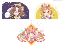 Rule 34 | + +, 3girls, agnes digital (lovely jiangshi) (umamusume), agnes digital (umamusume), ahoge, animal ears, blush, brown hair, bun cover, chibi, clenched hand, closed eyes, crown, detached sleeves, double bun, drooling, ghost, glowstick, hair bun, hat, hihiqhi, horse ears, jewelry, lantern, looking at viewer, medium hair, meisho doto (dot-o&#039;-lantern) (umamusume), meisho doto (umamusume), mini crown, mouth drool, multiple girls, multiple rings, open mouth, orange hair, outstretched arm, penlight (glowstick), pink hair, purple eyes, qingdai guanmao, ring, shirt, short hair, sleeves past fingers, sleeves past wrists, smile, star (sky), t.m. opera o (umamusume), tanuki, twitter username, umamusume, upper body, watermark, white shirt
