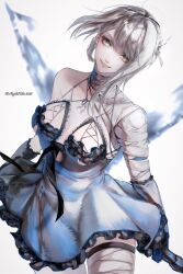 1girl amplehiko asymmetrical_bangs bandaged_arm bandaged_leg bandaged_neck bandages blue_dress blunt_bangs breasts detached_sleeves dress green_eyes hair_rings highres holding holding_weapon kaine_(nier) large_breasts lingerie long_hair negligee nier nier_(series) open_mouth parted_bangs simple_background single_bare_shoulder smile solo underwear weapon white_background white_hair