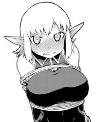 Rule 34 | 1girl, ankama, arms behind back, bare shoulders, bdsm, blush, bondage, bound, breast bondage, cra (wakfu), cra f, elbow gloves, elf, evangelyne (wakfu), female focus, freckles, full-face blush, gloves, greyscale, long hair, monochrome, pointy ears, rope, solo, sweatdrop, tsukudani (coke-buta), wakfu