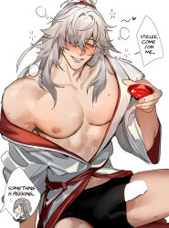 1boy bare_pectorals black_male_underwear blush chinese_clothes collarbone drinking english_text eriimyon hair_over_one_eye hair_ribbon high_ponytail highres holding honkai:_star_rail honkai_(series) jing_yuan large_pectorals large_penis long_hair looking_at_viewer male_focus male_pubic_hair male_underwear mole mole_under_eye muscular muscular_male nipples one_eye_covered open_clothes pectorals penis penis_out ponytail pubic_hair pubic_hair_peek red_ribbon ribbon simple_background sitting smile thighs underwear white_background white_hair yellow_eyes