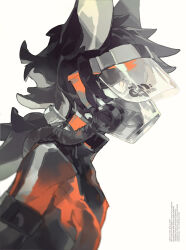 1other absurdres animal_ears black_bodysuit black_hair bodysuit fangs from_side furry gas_mask highres keroreud mask orange_bodysuit original other_focus ponytail profile simple_background slit_pupils solo upper_body white_background