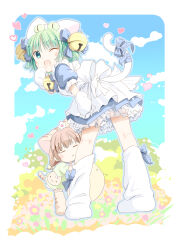 2girls animal_hat anzu_yoshihiro bell blue_bow blush_stickers bow cat_hat cat_tail dejiko di_gi_charat dress gema gloves green_dress green_hair hat hugging_another&#039;s_leg jingle_bell looking_at_viewer multiple_girls one_eye_closed open_mouth outdoors petticoat puchiko size_difference tail white_gloves
