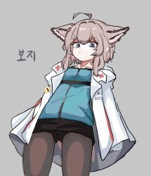 1girl animal_ears arknights black_pantyhose blue_eyes brown_hair green_shirt grey_background highres korean_text lab_coat looking_at_viewer medium_hair namsek pantyhose shirt simple_background solo sussurro_(arknights) thighs