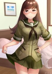 1girl black_neckerchief breasts brown_eyes brown_hair green_sailor_collar green_serafuku green_shirt green_skirt highres izumikuma kantai_collection large_breasts long_hair looking_at_viewer miniskirt neckerchief ooi_(kancolle) pleated_skirt sailor_collar school_uniform serafuku shirt short_sleeves skirt solo