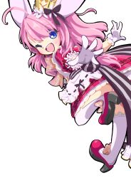 absurdres ahoge animal_ears apron black_ribbon blue_eyes crown dress emil_chronicle_online frills frolyflow2 high_heels highres minnie_doe_alma one_eye_closed outstretched_arm panties pantyshot pink_dress pink_ribbon ponytail rabbit_ears rabbit_girl ribbon thighhighs underwear white_background white_thighhighs