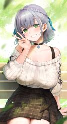 1girl absurdres arm_support bench black_choker black_skirt blurry blush bracelet braid breasts brown_skirt choker commentary_request dappled_sunlight depth_of_field falling_leaves fingernails green_eyes grey_hair grin hair_intakes half_up_braid high-waist_skirt highres hololive jewelry large_breasts leaf light_particles looking_at_viewer miniskirt noixen off-shoulder_sweater off_shoulder official_alternate_costume official_alternate_hairstyle on_bench park_bench pendant_choker plaid_clothes plaid_skirt ribbed_sweater shirogane_noel shirogane_noel_(casual) short_hair sitting skirt smile snowflake_choker snowflake_pendant solo sunlight sweater sweater_tucked_in v virtual_youtuber white_sweater