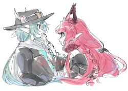 1boy 1girl arknights black_hat black_horns black_jacket bow braid commentary cropped_torso demon_horns from_side grey_hair grey_horns hair_bow hand_up hat holding holding_key horns horns_through_headwear jacket key long_hair long_sidelocks long_sleeves mitm_(arknights) nymph_(arknights) open_mouth pink_hair pointy_ears profile puffy_sleeves scarf seri_(akntse) sidelocks simple_background sketch smile twitter_username white_background