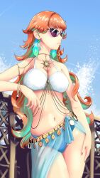 Rule 34 | 1girl, arm rest, armpits, bare shoulders, bikini, blue bikini, blue sarong, body jewelry, bracelet, braid, breasts, choppy bangs, cleavage, closed mouth, collarbone, colored inner hair, commentary, contrapposto, earrings, english commentary, feather earrings, feathers, fence, fingernails, gastornis kfp, gradient hair, green hair, highres, hololive, hololive english, jewelry, large breasts, long hair, looking ahead, messy hair, multicolored hair, navel, official alternate costume, orange hair, sarong, see-through clothes, see-through sarong, side braid, single braid, solo, stomach, sunglasses, swimsuit, takanashi kiara, takanashi kiara (holonatsu paradise), virtual youtuber, white bikini, wooden fence