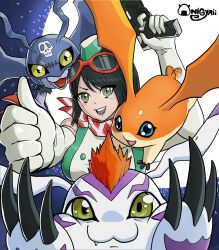 Rule 34 | 1girl, absurdres, bare shoulders, black hair, blue eyes, body fur, breasts, digimon, digimon (creature), digimon story: time stranger, dress, elbow gloves, eyewear on head, full moon, gloves, gomamon, green dress, green eyes, group picture, gun, head wings, highres, holding, holding gun, holding weapon, large breasts, mohawk, moon, onigyrii, orange fur, orange wings, patamon, picodevimon, red hair, short hair, thumbs up, weapon, white dress, white fur, white gloves, wings, yellow eyes, yuuki kanan, yuuki kanan