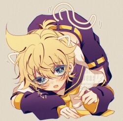 1boy all_fours belt black_sailor_collar black_shorts black_sleeve_cuffs black_sleeves blonde_hair blue_eyes blush commentary_request cowlick detached_sleeves drawn_ears drawn_tail eyes_visible_through_hair grey_background hair_between_eyes highres kagamine_len looking_at_viewer male_focus mattari_haruto messy_hair necktie sailor_collar shirt short_hair shorts simple_background solo top-down_bottom-up vocaloid watermark white_shirt yellow_belt yellow_necktie yellow_sleeve_cuffs
