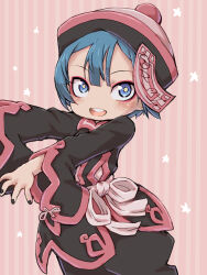 1boy black_nails blue_eyes chinese_clothes highres long_sleeves looking_at_viewer made_in_abyss maruruk nail_polish open_mouth short_hair solo teeth trap upper_teeth_only ximu_shilang yellow_pupils