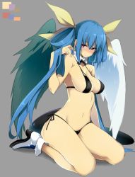 10mo 1girl asymmetrical_wings bikini black_panties blue_hair bra breasts choker dizzy_(guilty_gear) female_focus guilty_gear hair_ribbon high_heels long_hair midriff navel panties red_eyes ribbon sideboob skindentation solo swimsuit tail thick_thighs thighs twintails underwear wings