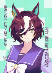 1girl animal_ears blonde_hair bow bowtie brown_hair closed_mouth dated eyepatch happy_birthday hi_(ibisf5umauma) highres horse_ears long_sleeves multicolored_hair purple_shirt sailor_collar shirt short_hair smile solo streaked_hair tanino_gimlet_(umamusume) twitter_username two-tone_background umamusume upper_body v-shaped_eyebrows watermark