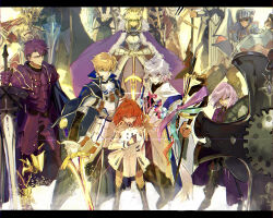 5girls 6+boys absurdres agravain_(fate) armor armored_boots arthur_pendragon_(fate) artoria_pendragon_(fate) bedivere_(fate) black_cape blonde_hair blue_dress boots brown_hair cape clenched_teeth commentary_request crown dress excalibur_(fate/prototype) excalibur_(fate/stay_night) fate/grand_order fate_(series) fujimaru_ritsuka_(female) fujimaru_ritsuka_(female)_(decisive_battle_chaldea_uniform) full_armor fur-trimmed_cape fur_trim gareth_(fate) gareth_(second_ascension)_(fate) green_eyes grey_hair helmet highres holding holding_shield holding_sword holding_weapon knights_of_the_round_table_(fate) lancelot_(fate/grand_order) lens_flare letterboxed mash_kyrielight merlin_(fate) mordred_(fate) mordred_(fate/apocrypha) multiple_boys multiple_girls orange_hair percival_(fate) pink_eyes pink_hair prosthesis prosthetic_arm purple_armor purple_hair robe saber_(fate) sekaihan_(jpyee48) shield short_dress sword teeth tristan_(fate) weapon white_cape white_dress white_robe yellow_eyes