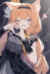 Rule 34 | 1girl, absurdres, animal ear fluff, animal ears, black hairband, blue archive, blue eyes, blush, commentary, dress, flower, hairband, heart, heart hands, highres, idol, idol clothes, long hair, looking at viewer, mari (blue archive), mari (idol) (blue archive), official alternate costume, one eye closed, orange hair, rose, solo, supic1711, sweat, very long hair, yellow flower, yellow rose