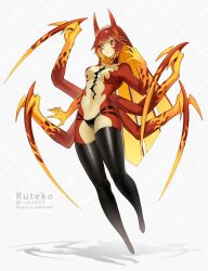 1girl argyle_background black_thighhighs blonde_hair colored_inner_hair colored_sclera colored_skin commentary_request cracked_skin extra_arms full_body highres hollow_body horns long_hair looking_at_viewer monster_girl multicolored_hair no_feet original red_hair red_horns red_sclera red_skin ruteko_(ruko220) shadow solo thighhighs very_long_hair white_background yellow_eyes yellow_skin