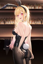 1girl @_@ adjusting_clothes adjusting_leotard alcohol animal_ear_hairband animal_ears ass back bar_(place) barbell_piercing bare_shoulders black_hairband blonde_hair bottle breasts earrings fake_animal_ears hairband highres jewelry kitagawa_marin leotard light_particles liquor long_hair looking_at_viewer looking_back medium_breasts myeongdo pantyhose piercing playboy_bunny rabbit_ear_hairband rabbit_ears rabbit_tail red_eyes shelf solo sono_bisque_doll_wa_koi_wo_suru tail very_long_hair