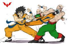 3boys bald bald_male batmandrewart black_hair blocking blue_eyes dragon_ball fighting kicking kuririn multiple_boys muscular muscular_male punching scar serious sparring tenshinhan white_background yamcha