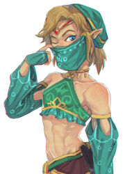 1boy blue_eyes collarbone crossdressing detached_sleeves fingerless_gloves gerudo_set_(zelda) gloves link looking_at_viewer male_focus mcbuckwheat midriff nintendo one_eye_closed pointy_ears solo the_legend_of_zelda the_legend_of_zelda:_breath_of_the_wild toned toned_male