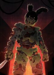 1boy animal_ears animatronic artist_name cable ceiling commentary dead_by_daylight english_commentary fire five_nights_at_freddy&#039;s five_nights_at_freddy&#039;s_3 glowing glowing_eyes highres holding holding_knife indoors knife looking_at_viewer male_focus open_mouth rabbit_ears rorokonaa shaded_face solo springtrap standing teeth tile_ceiling tiles white_eyes
