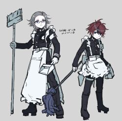 2boys ahoge aotsuki_eito apron black_hair blue_eyes broom closed_mouth crossdressing dustpan full_body grey_hair highres holding holding_broom holding_dustpan holding_mop looking_at_viewer maid maid_apron male_focus mop multicolored_hair multiple_boys parted_hair red_hair standing sumino_takumi the_hundred_line_-last_defense_academy-