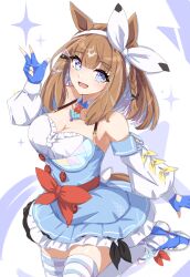 Rule 34 | 1girl, :d, absurdres, almond eye (umamusume), animal ears, bare shoulders, blue eyes, blue gloves, braided sidelocks, breasts, brown hair, cleavage, colored inner hair, commentary, detached sleeves, empty gerbera, fingerless gloves, gloves, hair ornament, hairband, hairclip, highres, horse ears, horse girl, leg up, long hair, looking at viewer, multicolored hair, open mouth, shoes, smile, sneakers, solo, symbol-shaped pupils, thighhighs, umamusume, white hairband, white thighhighs, x-shaped pupils
