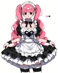 1girl apron black_bow black_bowtie black_dress black_wrist_cuffs bow bowtie breasts cleavage closed_mouth clothes_lift color_guide commentary_request curly_hair detached_collar dress dress_lift highres kasumi_6 looking_at_viewer maid maid_apron maid_headdress medium_breasts one_piece perona pink_hair simple_background solo standing striped_clothes striped_thighhighs thighhighs twintails white_background wrist_cuffs