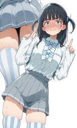 1girl absurdres artist_request ass ass_focus basori_tiara black_eyes black_hair blue_bow blue_bowtie blue_necktie blue_thighhighs blush bow bowtie breast_pocket breasts collared_shirt dot_nose embarrassed female_focus grey_skirt highres kneehighs long_hair long_sleeves looking_at_viewer make_heroine_ga_oo_sugiru! miniskirt mole mole_on_neck mole_on_thigh necktie pleated_skirt pocket pointing pointing_up school_uniform shirt shirt_tucked_in shy simple_background skirt small_breasts socks solo solo_focus standing striped_clothes striped_thighhighs sweat sweatdrop thighhighs thighs thighs_focus tsuwabuki_high_school_uniform upskirt white_background white_bow white_bowtie white_necktie white_shirt white_thighhighs