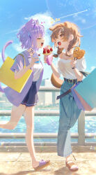 Rule 34 | :d, absurdres, ahoge, alternate costume, animal ears, bag, belt, black skirt, blue pants, blue sky, bone hair ornament, braid, breasts, brown belt, brown eyes, brown hair, camisole, cartoon bone, cat ears, cat girl, cat tail, closed eyes, cloud, commentary request, contrail, corn dog, cumulonimbus cloud, day, denim, dog ears, dog girl, dog tail, double-parted bangs, extra ears, fang, food, full body, hair between eyes, hair ornament, hairclip, handbag, highres, holding, holding food, hololive, inugami korone, jacket, jeans, lapels, low twin braids, medium breasts, medium hair, miniskirt, nekomata okayu, notched lapels, off-shoulder shirt, off shoulder, open mouth, outdoors, pants, purple hair, purple jacket, river, sandals, see-through clothes, see-through shirt, shirt, shirt tucked in, short-sleeved jacket, short hair, short sleeves, skirt, sky, smile, tail, torn clothes, torn jeans, torn pants, twin braids, virtual youtuber, white shirt, yellow camisole, yusha (lv1 yusha 522)