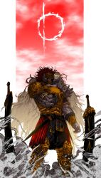 2boys absurdres androgynous armor arms_around_neck blonde_hair braid brothers carrying carrying_person circlet closed_eyes elden_ring elden_ring:_shadow_of_the_erdtree fake_horns full_body gold_armor gold_circlet gold_helmet half-siblings helmet highres horned_helmet horns long_hair looking_at_viewer male_focus miquella_(elden_ring) multiple_boys multiple_braids ornate_armor piggyback promised_consort_radahn red_hair robe siblings sorage_(f91_qhb0019) sword tall_male tunic very_long_hair weapon white_robe white_tunic yellow_eyes