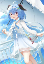1girl :o absurdres ahoge bag blue_hair blue_nails blush collarbone commentary_request day dress fingernails flower ganyu_(animate)_(genshin_impact) ganyu_(genshin_impact) genshin_impact hair_flower hair_ornament highres holding holding_umbrella hyakuya_iori long_hair long_sleeves looking_at_viewer nail_polish official_alternate_costume open_mouth outdoors purple_eyes shoulder_bag signature solo sundress umbrella very_long_hair white_bag white_dress white_umbrella