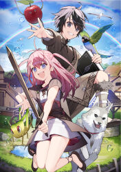 1boy 1girl :d allen_(hell_mode) antenna_hair apple bird black_footwear black_hair blue_eyes book braid brown_jacket bug collarbone cover cover_page dog food fruit grasshopper grey_eyes hell_mode highres holding holding_book holding_sword holding_weapon insect jacket jumping kitada_mo kurena_(hell_mode) long_hair looking_at_viewer novel_cover official_art open_clothes open_jacket open_mouth outdoors parted_lips pink_hair rainbow reaching reaching_towards_viewer short_hair smile sword two_side_up water weapon
