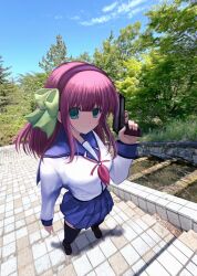 Rule 34 | 1girl, angel beats!, beretta 92, black thighhighs, blue sailor collar, blue skirt, blue sky, breasts, brown shoes, closed mouth, cloud, full body, green eyes, green ribbon, gun, hair ribbon, handgun, highres, holding, holding gun, holding weapon, loafers, long sleeves, looking at viewer, medium breasts, medium hair, nakamura yuri, neckerchief, nemu (zutto oyasu3), on stairs, outdoors, photo background, pleated skirt, purple hair, red neckerchief, ribbon, sailor collar, school uniform, serafuku, shinda sekai sensen uniform, shirt, shoes, sidelocks, skirt, sky, smile, solo, stairs, standing, thighhighs, tree, weapon, white shirt
