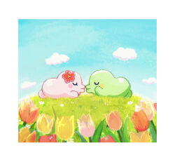 1119mna animal_couple blush_stickers border closed_eyes cloud colored_skin commentary_request couple creature creature_focus flower grass green_skin hibiscus highres kiss kuchipatchi lying no_humans on_stomach outdoors painterly pink_skin tamagotchi tamagotchi!_(anime) tamagotchi_(creature) tulip white_border yukipatchi