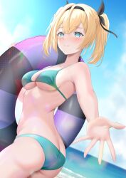 Rule 34 | 1girl, absurdres, aqua eyes, ass, bikini, black bow, blonde hair, blush, bow, breasts, closed mouth, green bikini, hair between eyes, hair bow, hair ornament, highres, holding, holding swim ring, hololive, innertube, kazama iroha, looking at viewer, medium breasts, navel, ocean, outdoors, seriponpoyon, short hair, smile, solo, stomach, swim ring, swimsuit, virtual youtuber