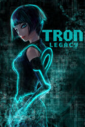 Rule 34 | 1girl, aqua eyes, black bodysuit, black hair, black sleeves, bodysuit, breasts, commentary request, disc (tron), english text, highres, medium breasts, mehi (mehi12peace), quorra, short hair, sleeveless, sleeveless bodysuit, solo, tron, tron: legacy
